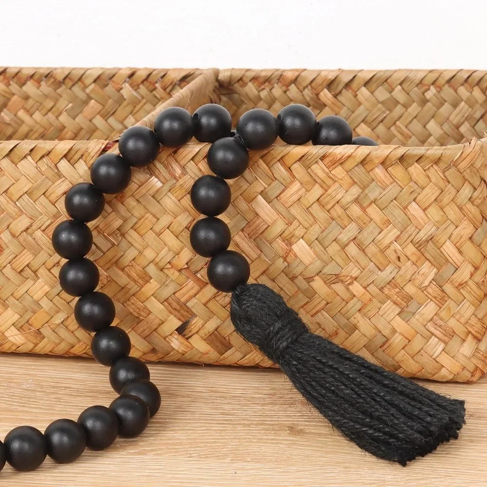 Black Wood Tassels Rustic Prayer Beads Boho Beads for Home Wall Hanging Decor